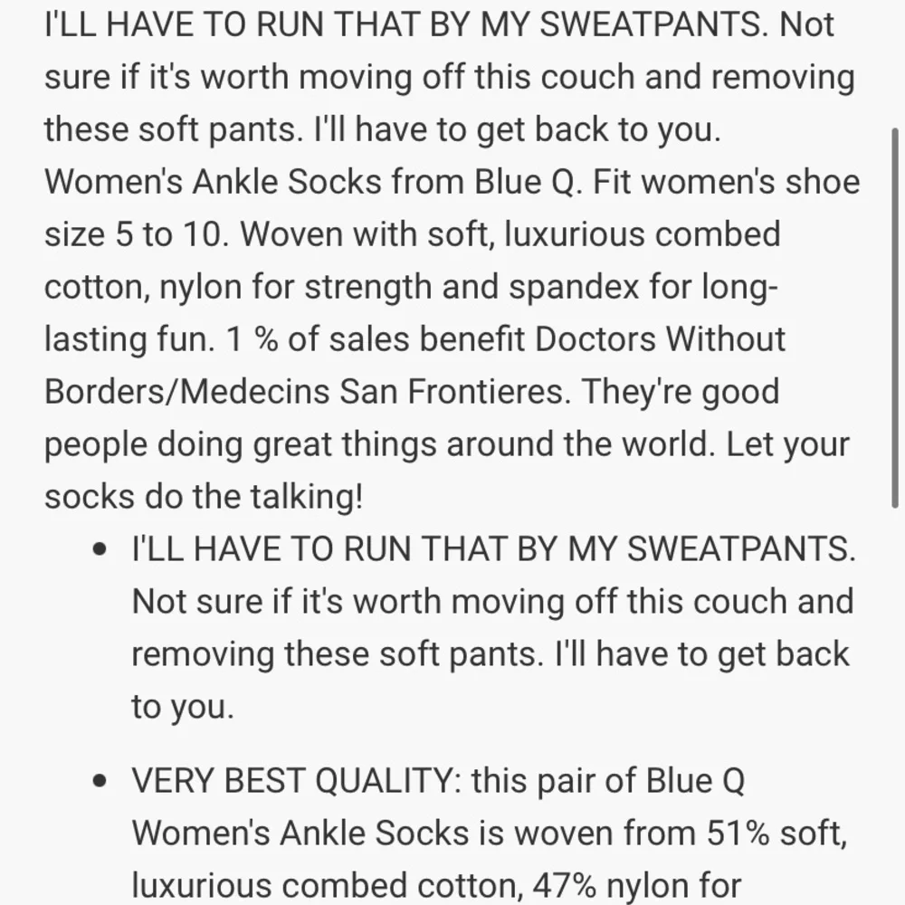 Blue Q Women’s I’ll Have to Run That By My Sweatpants. Funny Ankle Socks NWT